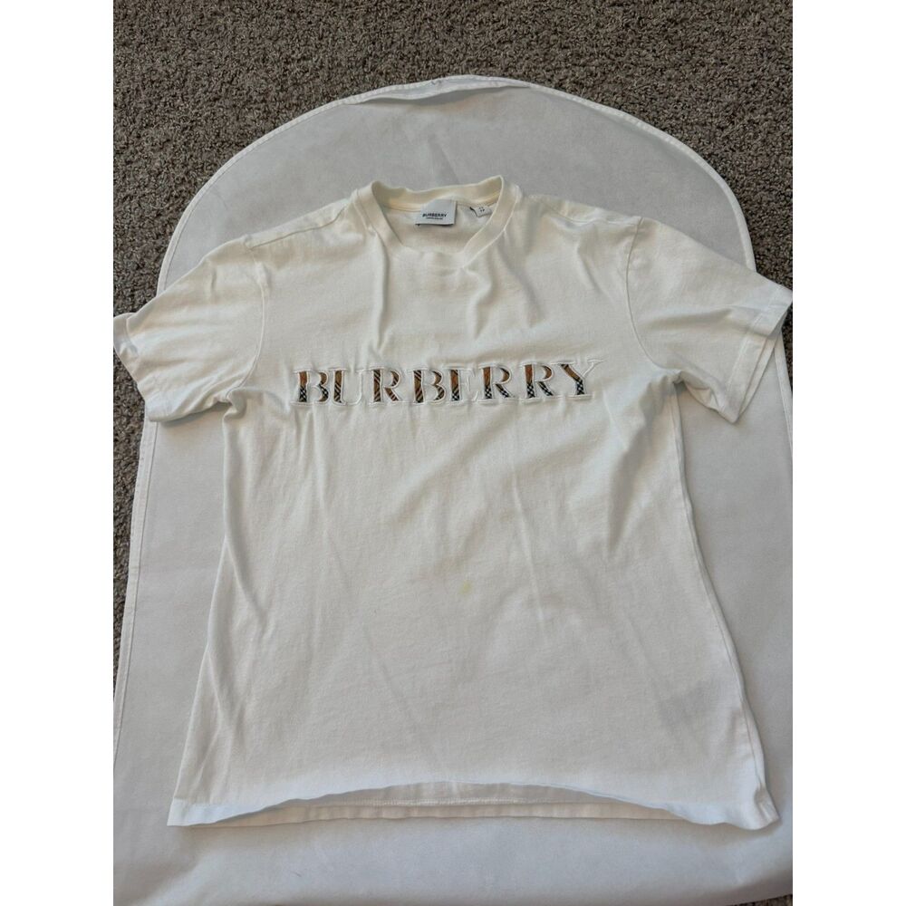 Burberry Chalk White Chest Embroidered Check-Patterned Logo T Shirt Womens XS